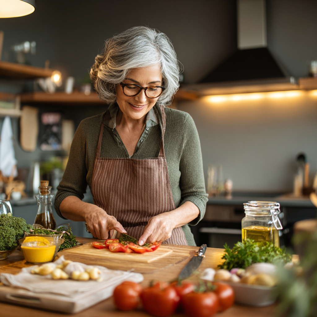 mature woman preparing healthy meal in modern kitchen