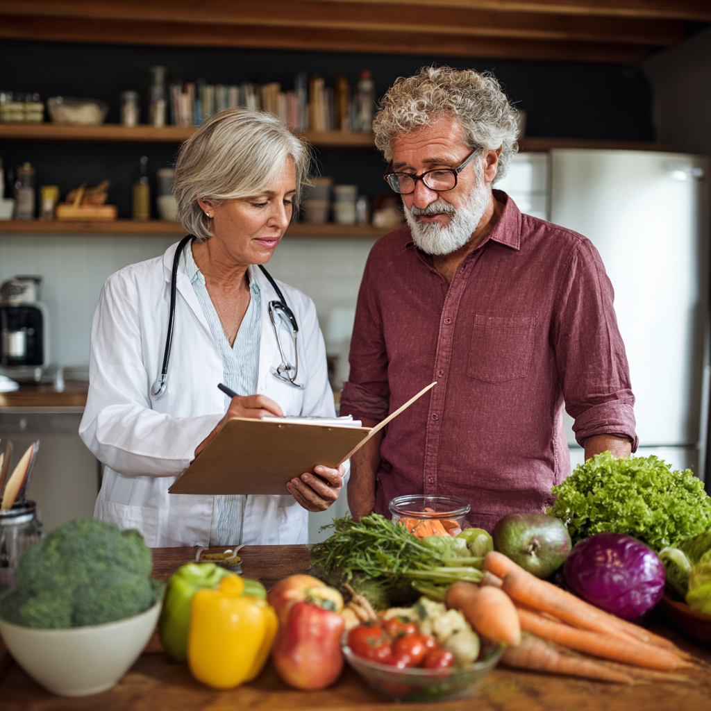 middle-aged nutritionist consulting with client about meal planning