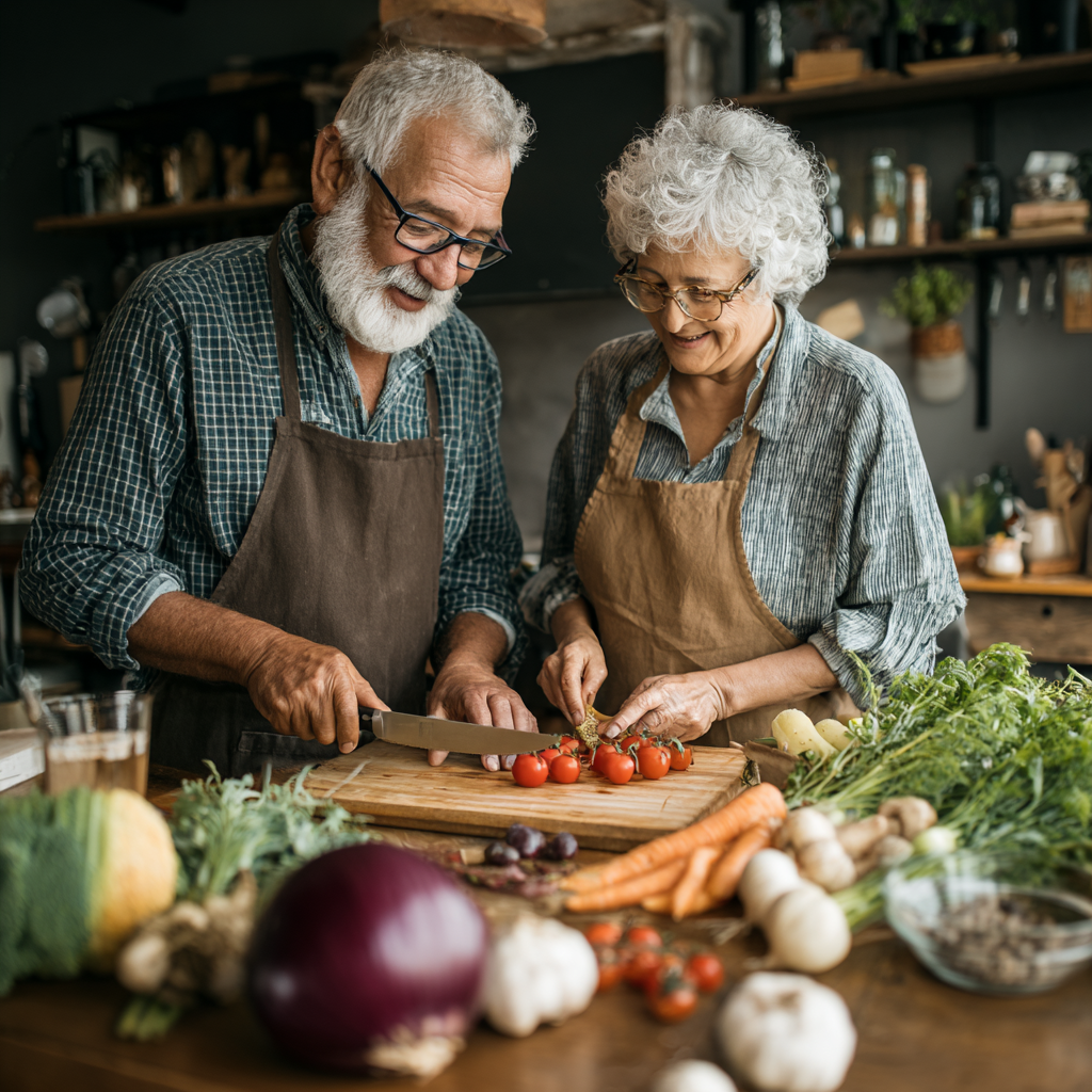 senior couple cooking together using healthy ingredients from meal plan